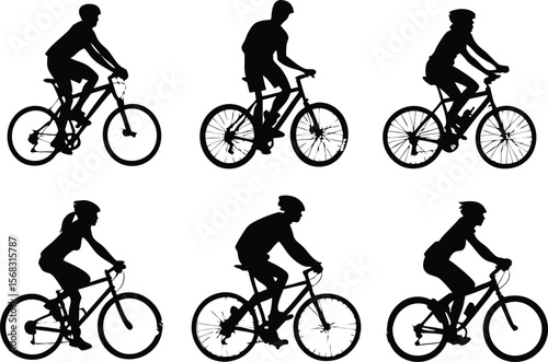 Six Silhouettes of Cyclists Riding Mountain Bikes