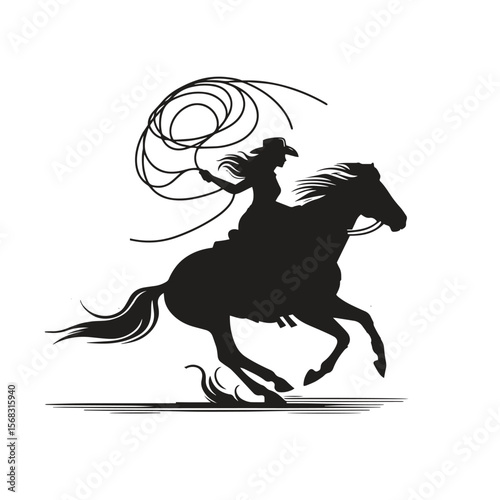A bold cowgirl rides a rearing horse, lasso spinning in one hand and a wide-brimmed hat shading her face. Her silhouette captures the spirit of the Wild West—dynamic, fearless, and full of motion.