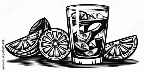 Black and White Woodcut Style Citrus Drink Glass and Slices