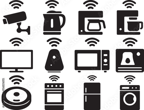 Smart Home Appliances Icon Set – WiFi Connected Devices Including Kettle, Coffee Maker, Smart TV, Speaker, Microwave, Fridge, Washer, Vacuum, and Camera