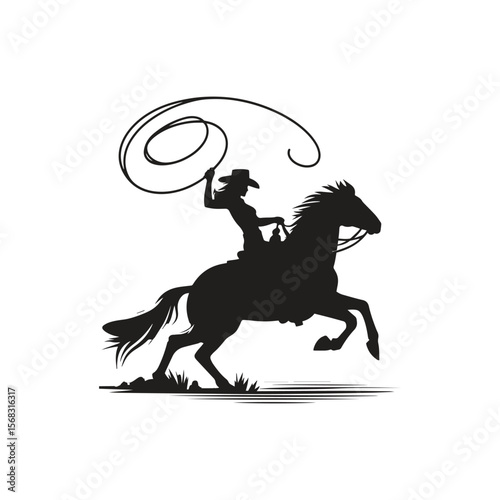 A bold cowgirl rides a rearing horse, lasso spinning in one hand and a wide-brimmed hat shading her face. Her silhouette captures the spirit of the Wild West—dynamic, fearless, and full of motion.