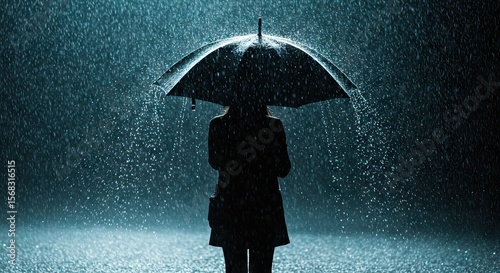 Silhouette of person under umbrella in rain