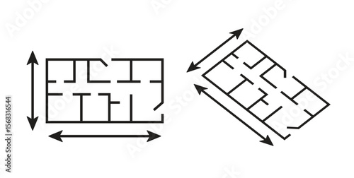 Real estate floorplan icons, black line apartment layout symbols with dimension arrows vector illustration house plan