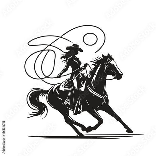 A bold cowgirl rides a rearing horse, lasso spinning in one hand and a wide-brimmed hat shading her face. Her silhouette captures the spirit of the Wild West—dynamic, fearless, and full of motion.