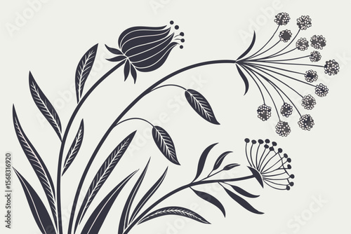 retro folk art, scandinavian minimalist floral pattern, black and white botanical illustrations, mid century modern abstract natural designs