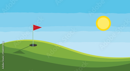 A cartoon illustration of a golf green with a flag and the sun shining brightly.