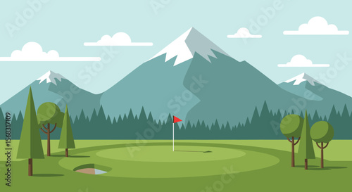 A golf course scene with mountains, trees, and a flag on the green.
