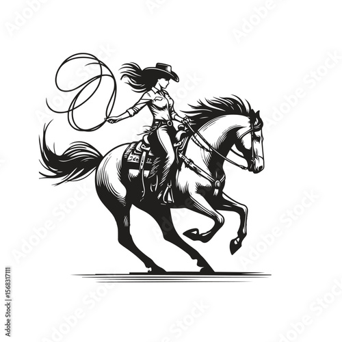A bold cowgirl rides a rearing horse, lasso spinning in one hand and a wide-brimmed hat shading her face. Her silhouette captures the spirit of the Wild West—dynamic, fearless, and full of motion.