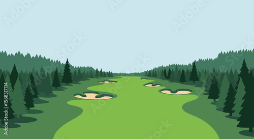 A golf course fairway stretches between dense green trees, featuring sand traps under a light blue sky.