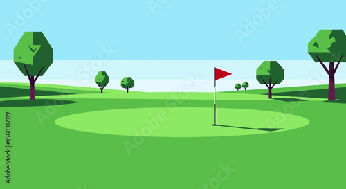 Low-poly golf course landscape with green, flag, trees and blue sky.