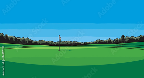 Cartoon illustration of a golf course fairway with a flag on the green.