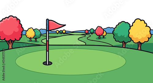 Cartoon illustration of a golf course with colorful trees and a flag.