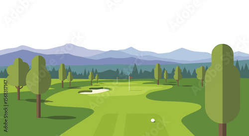 Serene golf course nestled in a mountain valley, showcasing a putting green and distant peaks.