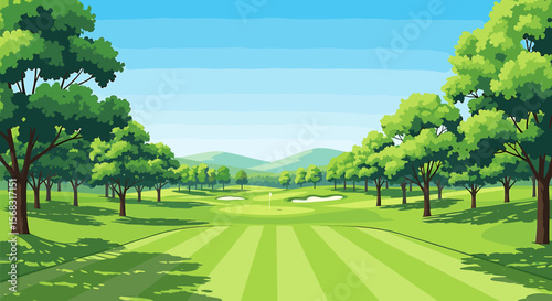 Serene golf course landscape featuring lush green fairways, mature trees, and distant rolling hills under a bright summer sky.
