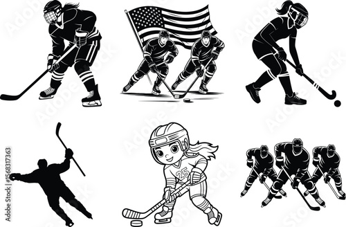 Hockey Silhouette Bundle, Hockey Team Vector Art, and White Background. Hockey player SVG graphic illustration.