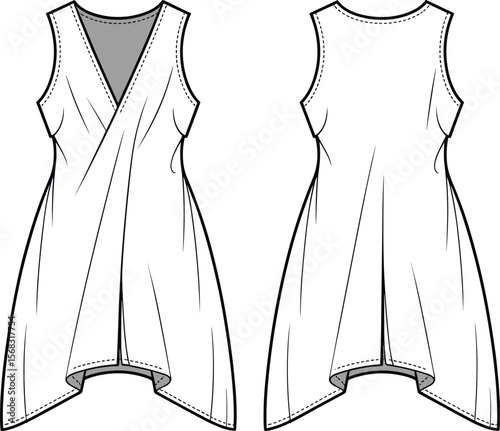Fashion design sketch, women's sleeveless V-neck tunic with asymmetrical hem and side panels, front back view technical drawing