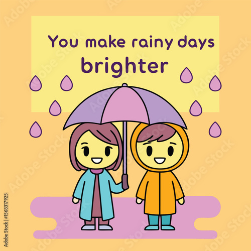 Happy Children Sharing an Umbrella on a Rainy Day Brightening the Day
