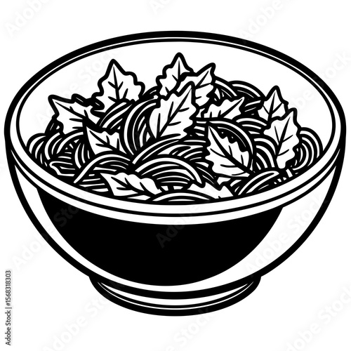 Bowl of salad with noodles isolated on white background