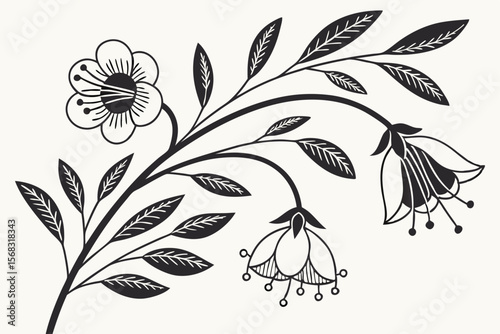 retro folk art, scandinavian minimalist floral pattern, black and white botanical illustrations, mid century modern abstract natural designs