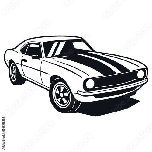 Classic Generic Muscle Car Vector Illustration - Black and White Retro Sports Car Design