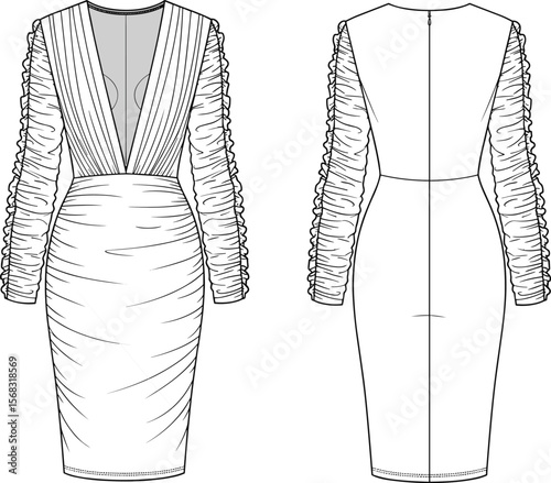 Fashion design sketch, women's deep V-neck dress with ruched sleeves and draped skirt, front back view technical drawing