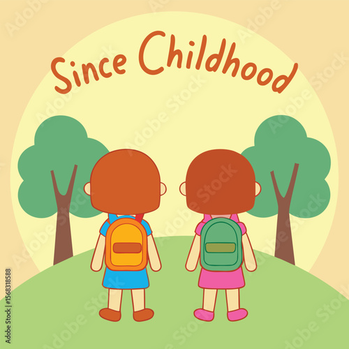 Two Young Girls with Backpacks Walking Away Towards a Bright Future Since Childhood