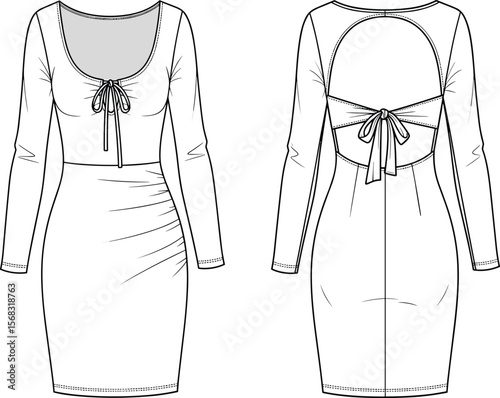 Fashion design sketch, women's long sleeve dress with bow tie detail, front and back view technical drawing illustration