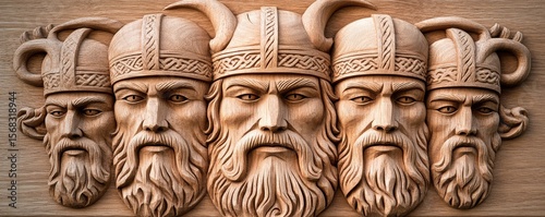 Wooden Viking Warriors Relief Norse Mythology Art, Woodcarving , Viking photo