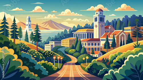University of California, Berkeley offers hillside views of San Francisco Bay, with historic halls framed by eucalyptus trees and sunlight dappled walkways.