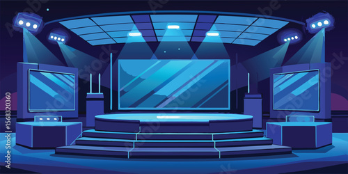 Empty Blue Stage with Lighting and Screens Event Hall