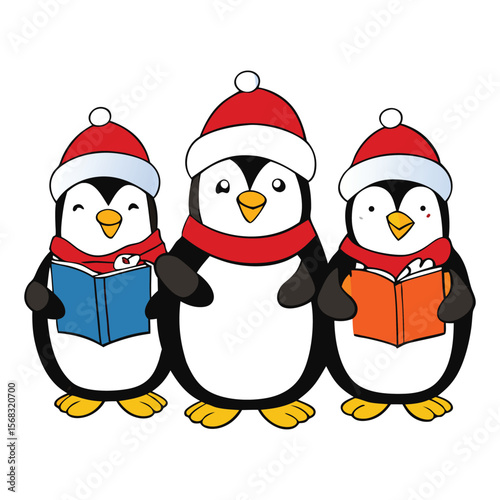 Three cute penguins in scarves and hats sing Christmas carols joyfully under falling snow, holding songbooks with wide smiles, spreading holiday cheer.
