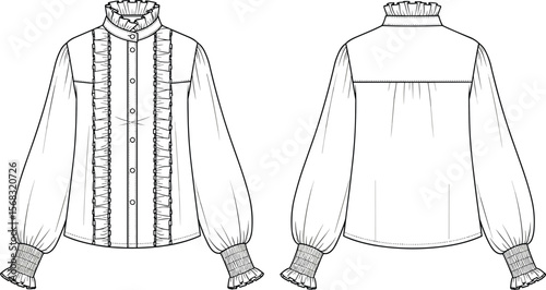 Ruffle blouse technical drawing, high neck shirt sketch, bishop sleeve top vector, fashion flat, garment template, sewing pattern