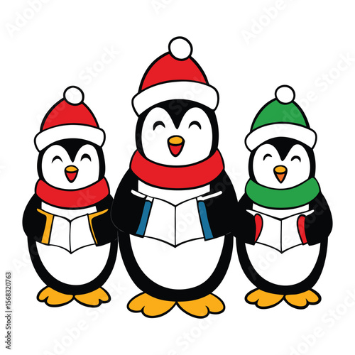 Three cute penguins in scarves and hats sing Christmas carols joyfully under falling snow, holding songbooks with wide smiles, spreading holiday cheer.
