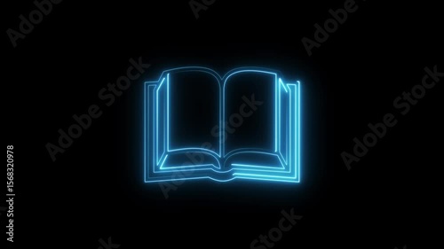 Glowing neon colorful vertical book icon animation. Neon open symbol digital book library, school read, university education, open book and beautiful cyan colors on black background.