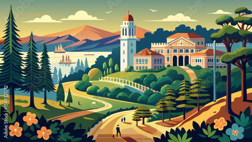 University of California, Berkeley offers hillside views of San Francisco Bay, with historic halls framed by eucalyptus trees and sunlight dappled walkways.