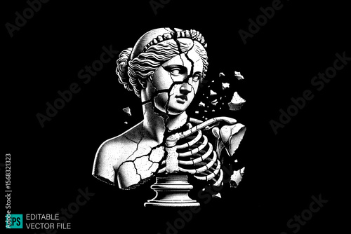 geek sculpture roman scary creepy style tattoo dark art illustration vector black and white background templates