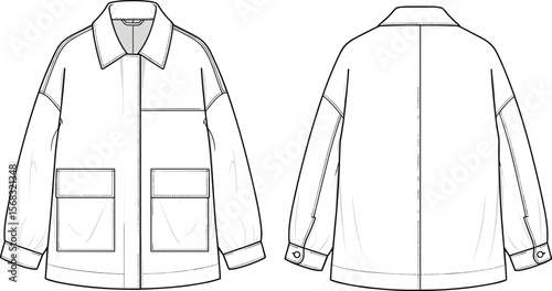 Oversized jacket technical drawing, fashion flat sketch, outerwear design template, vector illustration, coat blueprint, garment sewing pattern