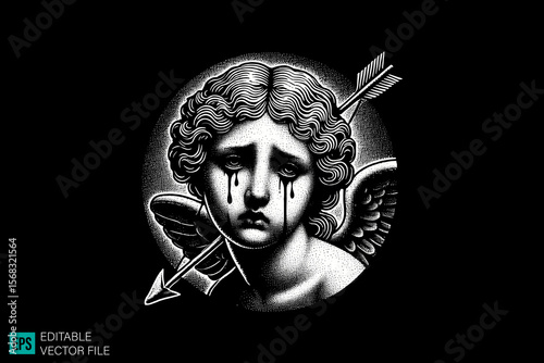 cupid sculpture scary creepy style tattoo dark art illustration vector black and white background templates