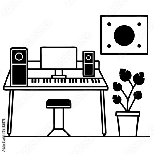 Modern Music Production Desk with MIDI Keyboard and Plants