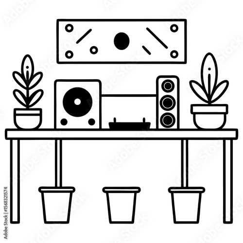 Modern Music Production Desk with MIDI Keyboard and Plants