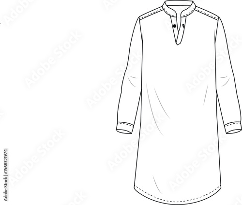 Men’s Traditional Kurta with Embroidered Yoke and Notched Neck | Technical Fashion Illustration | Flat Apparel Template CAD | Front View