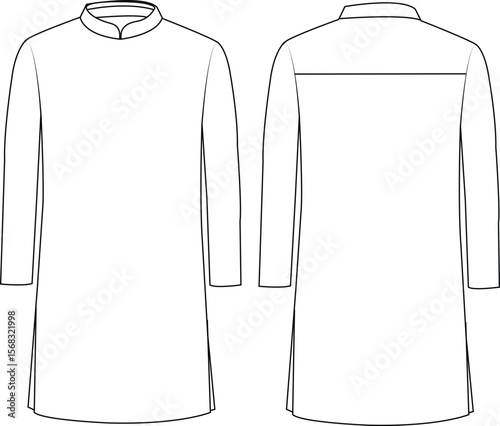 Men’s Classic Straight Kurta with Band Collar | Technical Fashion Illustration | Flat Apparel Template CAD | Front and Back Views