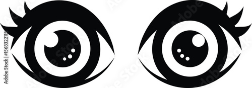 Pair of stylized anime eyes illustration, black and white vector graphic