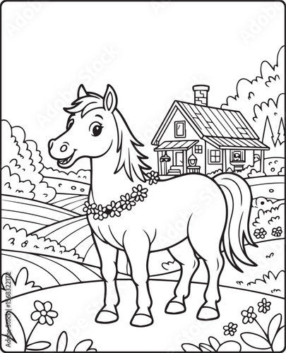 Horse in front of farm house coloring page for kids, black line art vector illustration on white background 
