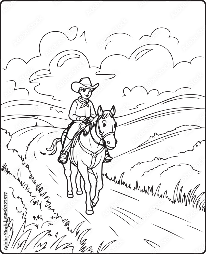 Obraz premium Horse with cowboy walking on road coloring page for kids, black line art vector illustration on white background 