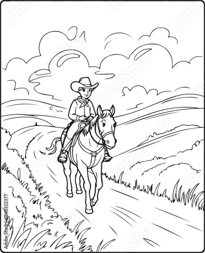 Horse with cowboy walking on road coloring page for kids, black line art vector illustration on white background 
