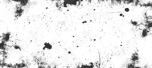 Grainy grunge photo filter background. Black particles, fibers and flecks wallpaper. Vintage rough dirt dotted overlay. Vector sandy gritty template.