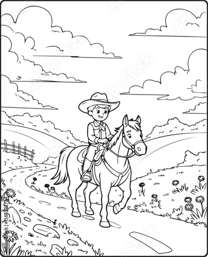 Horse with cowboy walking on road coloring page for kids, black line art vector illustration on white background 

