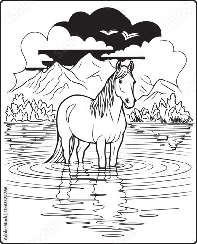 Beautiful horse on water in mountain scenery coloring page for kids, black line art vector illustration