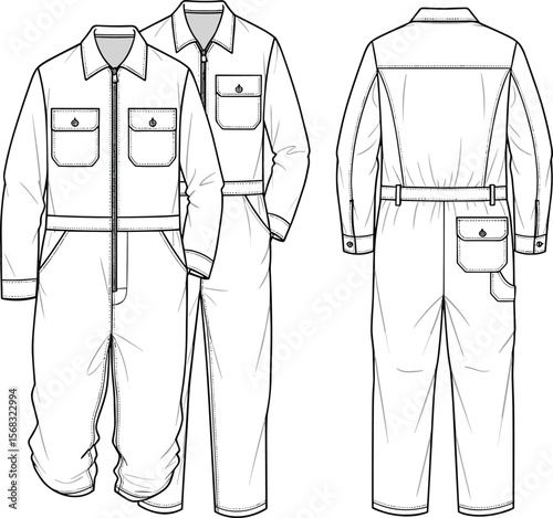 Utility jumpsuit with front zipper, fashion technical flat sketch, vector template, cargo pockets, long sleeve coverall, workwear design